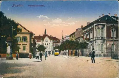 Ansichtskarte Landau in der Pfalz Ostbahnstraße. Littfasssäule 1921