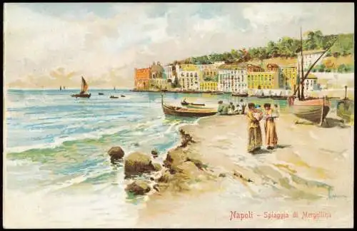 Cartolina Neapel Napoli Spiaggia di Mergellina Künstlerkarte 1908