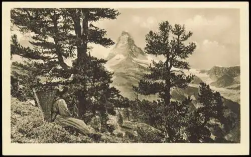 Ansichtskarte Zermatt Matterhorn Alpen Le Cervin Frau mit Kiepe 1930
