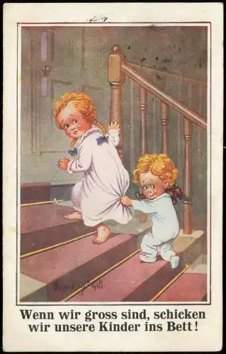 Scherzkarte Wenn wir gross sind, schicken wir unsere Kinder ins Bett! 1914