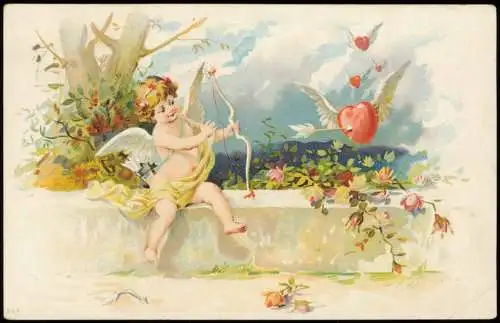 Liebe Liebespaare - Love Engel Angel schießt auf fliegendes Herz 1909