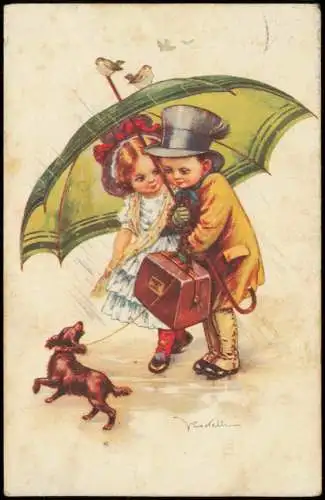 Ansichtskarte  Kinder Künstlerkarte Jung auf Alt unter dem Regenschirm 1923