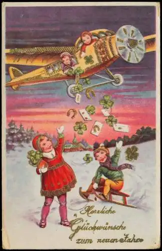 Flugzeug wirft Geld und Glücksklee Neujahr Sylvester New Year 1940 Goldrand