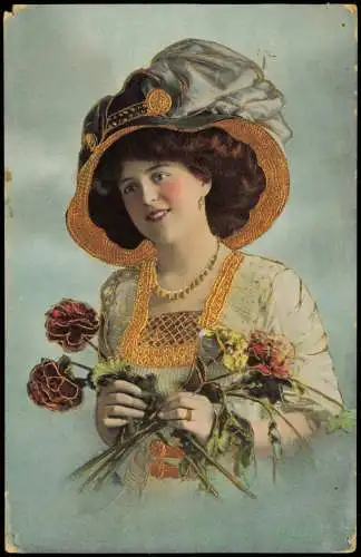 Ansichtskarte  Frau in eleganter Kleidung mit Rosen 1912 Goldrand