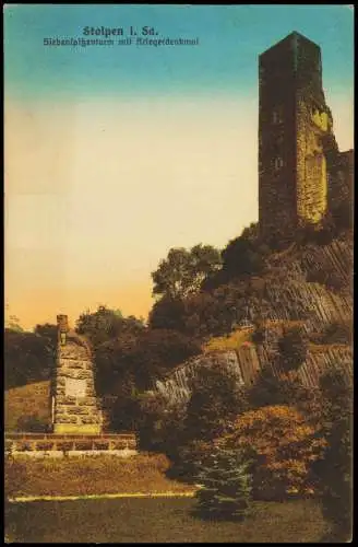 Ansichtskarte Stolpen Burg Stolpen - Siebenspitzenturm mit Kriegerdenkmal 1912