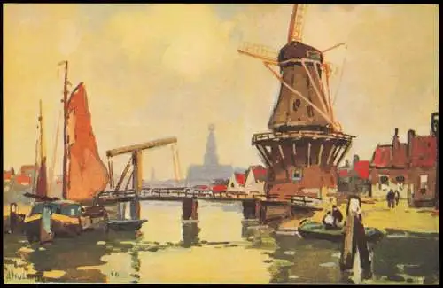 Windmühlen Windmill Segelboote Künstlerkarte Holland Niederlande 1928