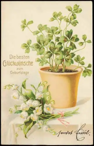 Ansichtskarte  Geburtstag Birthday Topf mit Kleeblättern 1905 Prägekarte