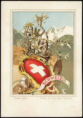 Postkarte Schweiz Heraldik Wappen Edelweiß Alpen Künstlerkarte 1900  Helvetia