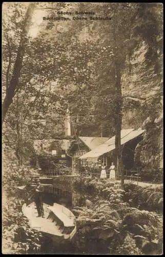 Ansichtskarte Hinterhermsdorf Bootstation Obere Schleuse mit Personen 1927