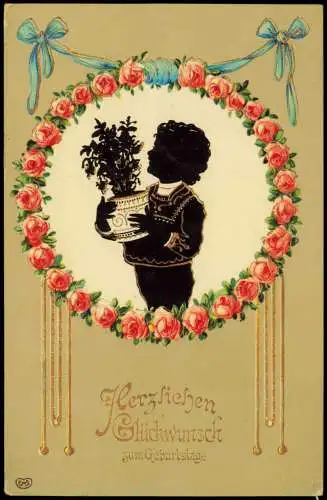 Geburtstag Birthday Junge mit Blumen Schattenschnitt 1918 Goldrand/Prägekarte