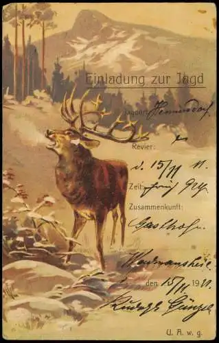 Jagd / Jäger Einladung zur Jagd Hirsch Künstlerkarte 1910 Prägekarte