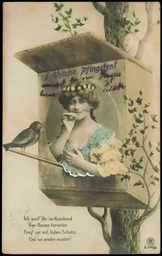 Ansichtskarte  Fotokunst Frau im Vogelhaus Pfingsten Pentecost 1907