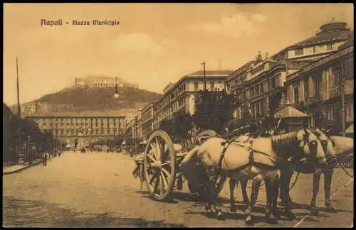 Cartolina Neapel Napoli Piazza Municipio, Pferdefuhrwerk 1912