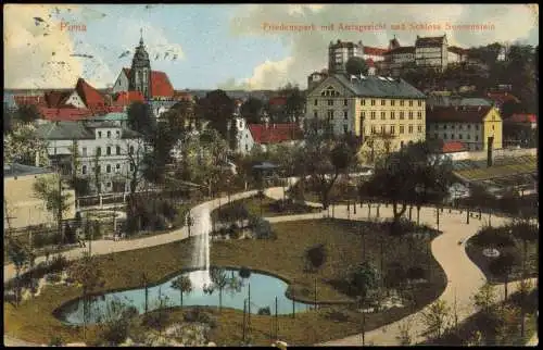 Ansichtskarte Pirna Friedenspark mit Amtsgericht und Schloss Sonnenstein 1911