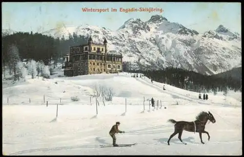 Ansichtskarte Engadin Engiadina | Engadina Hotel Skikjöring Pferde Ski 1908