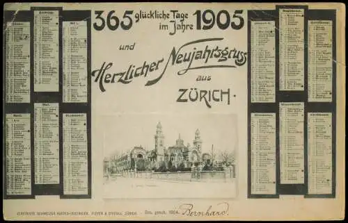 Ansichtskarte Zürich Tonhalle Neujahr 365 glückliche Tage 1905