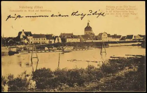 Ansichtskarte Mühlberg/Elbe Miłota Hafen mit Dampferhaltestelle 1912