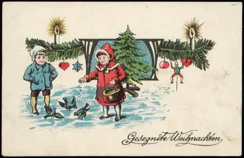 Weihnachten - Christmas Künstlerkarte Junge und Mädchen füttern Vögel 1917