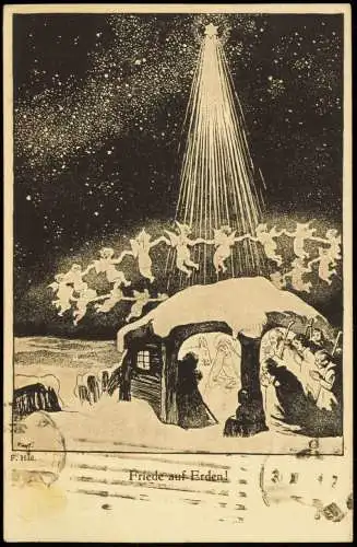 Weihnachten - Christmas Künstlerkarte Engel fliegen über dem Stall 1918