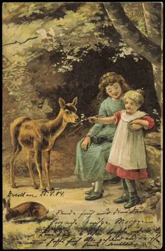 Ansichtskarte  Kinder Künstlerkarte Mütter und Tochter füttern Reh 1904