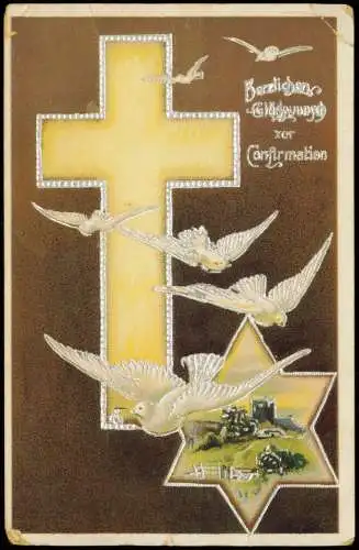 Ansichtskarte  Geburtstag Birthday Tauben vor Kreuz und Stern 1912 Silberrand