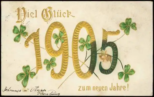 Neujahr Sylvester New Year Riesenzahl aus Gold Kleeblätter 1905  Prägekarte