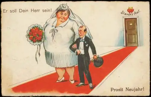 Scherzkarte Heirat Er soll Dein Herr sein! Prosit Neujahr! New Year 1929