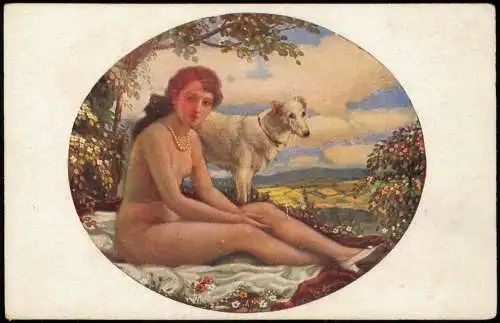 Ansichtskarte  Erotik Nackt - Nude Frau auf Decke und Hund Künstlerkarte 1916
