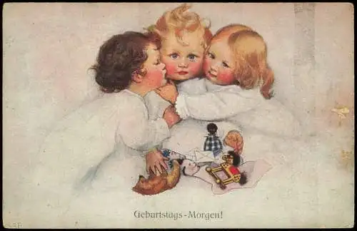 Geburtstag Birthday Morgen Mädchen herzen Bruder Künstlerkarte 1920