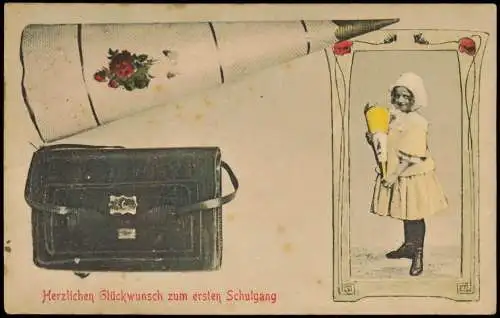 Ansichtskarte  Schulanfang Einschulung Mädchen Ranzen und Zuckertüte 1912