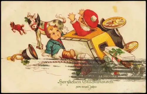 Neujahr Sylvester New Year umgekippte Kutsche Künstlerkarte 1928