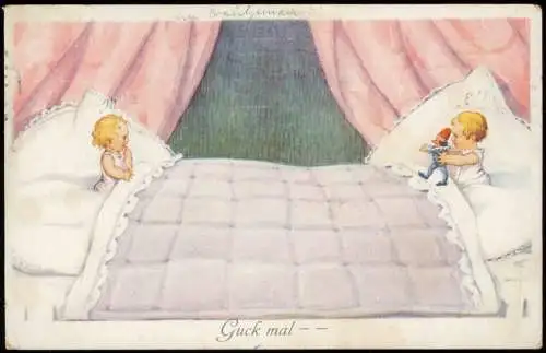 Kinder Künstlerkarte Junge und Mädchen gegenüber im großen Bett 1921