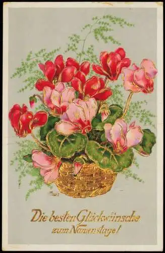 Glückwunsch Geburtstag Birthday rote rosa Blumen Schale Gold 1938  Prägekarte