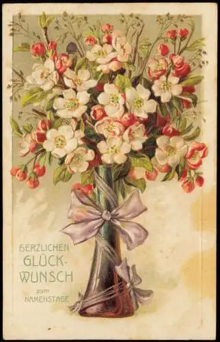 Geburtstag Birthday Blumen in Vase mit Schleifen 1912 Prägekarte