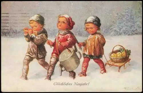 Neujahr Sylvester New Year Kinder mit Trommel und Schlitten durch Schnee 1922