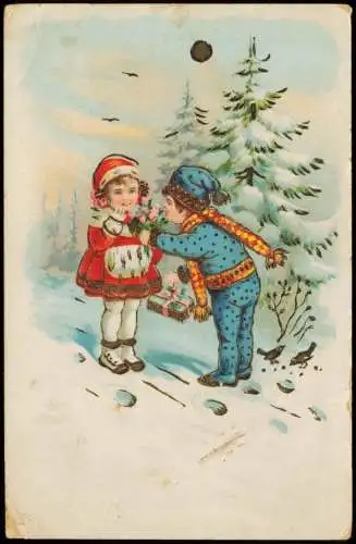 Weihnachten - Christmas Junge überreicht Mädchen Blumen 1913 Goldrand