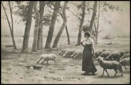 Künstlerkarte: Gemälde HENRI LEROLLE. Dans la Campagne schöne Schäferin 1914