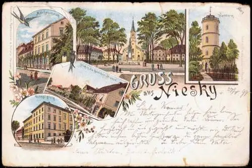 Litho AK Niesky Oberlausitz Niska Gruss aus... Mädchenanstalt, Turm, Kirche 1897