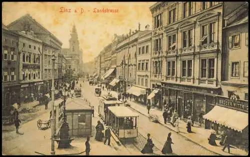 Ansichtskarte Linz Landstrasse Geschäfte Straßenbahn 1902