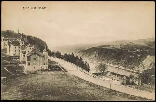 Ansichtskarte Linz Stadtvillen und Straße auf dem Berg 1909