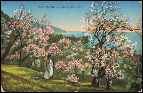 Cartolina Taormina Mandorli in fiori. 1931