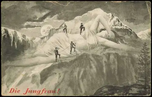 Lauterbrunnen Jungfrau Berg Mond Berg als Frau Bergsteiger Künstlerkarte 1909