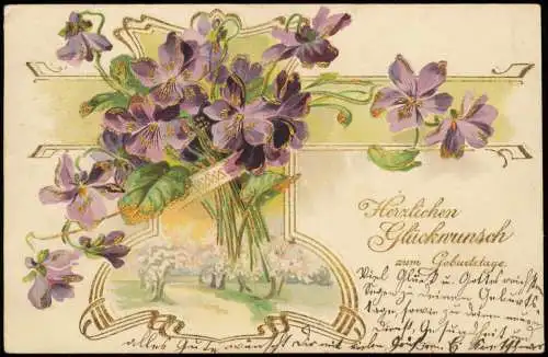 Ansichtskarte  Veilchen Glückwunsch Geburtstag Birthday 1908 Prägekarte