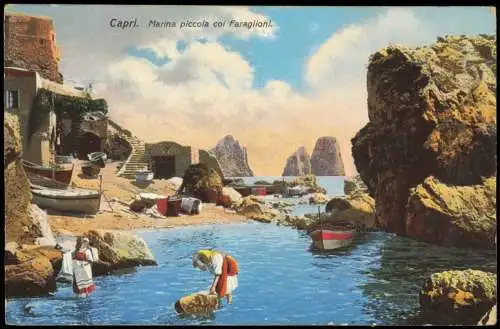 Cartolina Capri Marina piccola coi Faraglioni. 1913