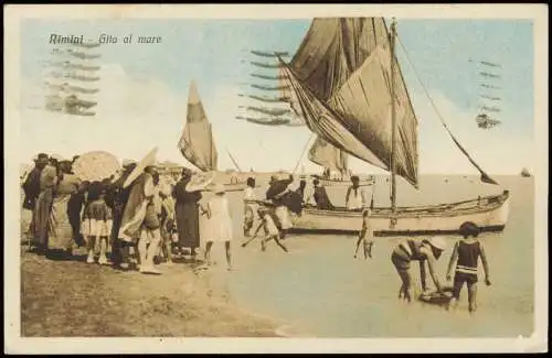 Cartolina Rimini La meravigliosa spiaggia dell' Adriatico 1916