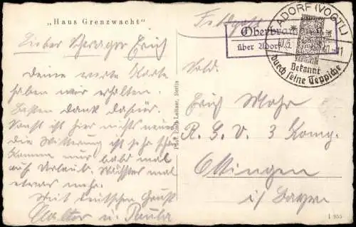 Ansichtskarte Bad Brambach Haus Grenzwacht 1940  Landpoststempel Feldpost WK2