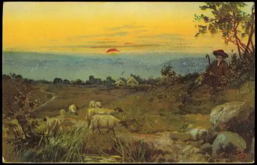 Künstlerkarte Stimmungsbild Sonnenaufgang Schafe u. Schäfer 1910