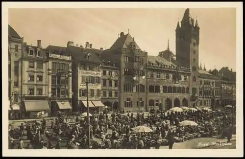 Ansichtskarte Basel Marktplatz, Markttreiben 1929