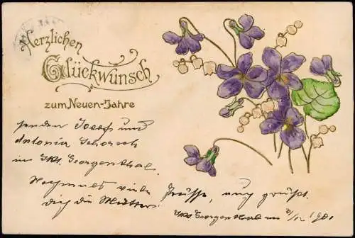 Ansichtskarte  Neujahr Sylvester New Year Goldschrift Veilchen 1909 Goldrand