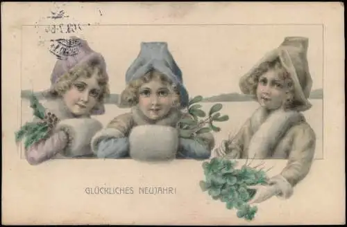 Ansichtskarte  Neujahr Sylvester New Year Mädchen in Pelzmänteln 1908